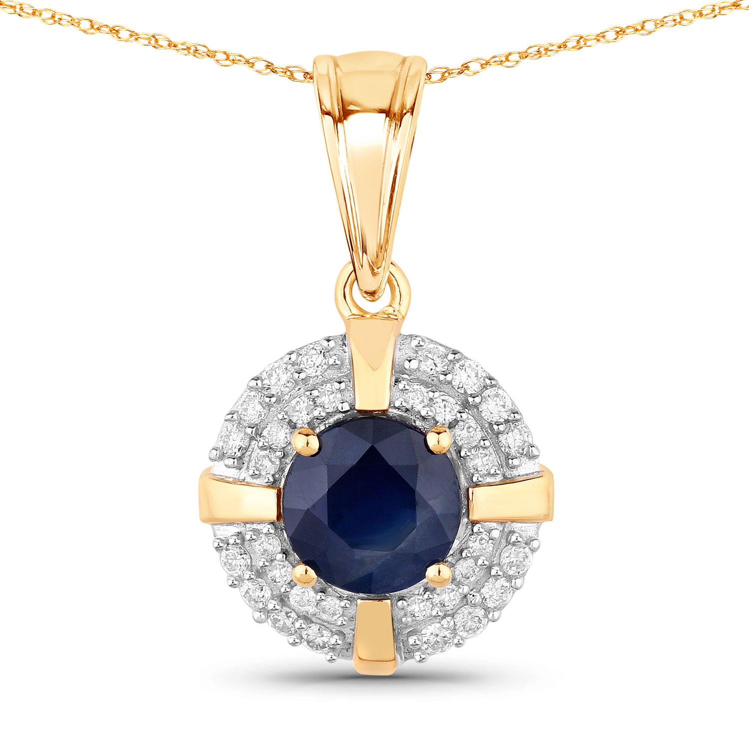 1.71 Carat Genuine Blue Sapphire and White Diamond 10K Yellow Gold Pendant