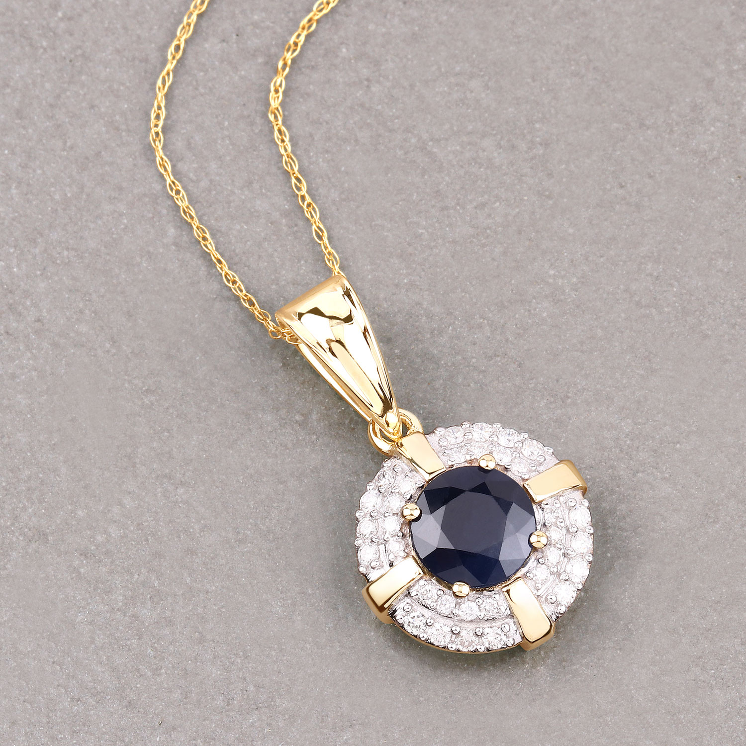 1.71 Carat Genuine Blue Sapphire and White Diamond 10K Yellow Gold Pendant