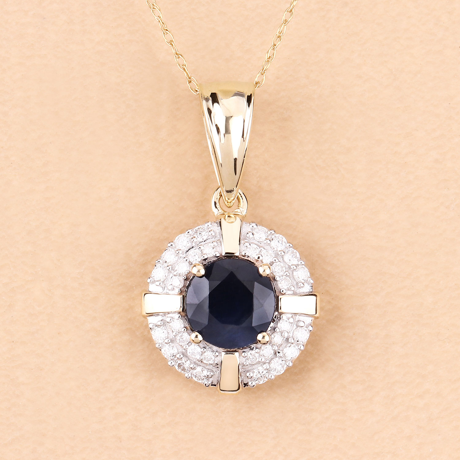 1.71 Carat Genuine Blue Sapphire and White Diamond 10K Yellow Gold Pendant
