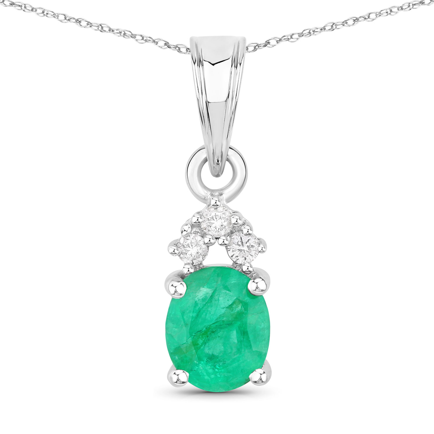 0.64 Carat Genuine Zambian Emerald and White Diamond 10K White Gold Pendant