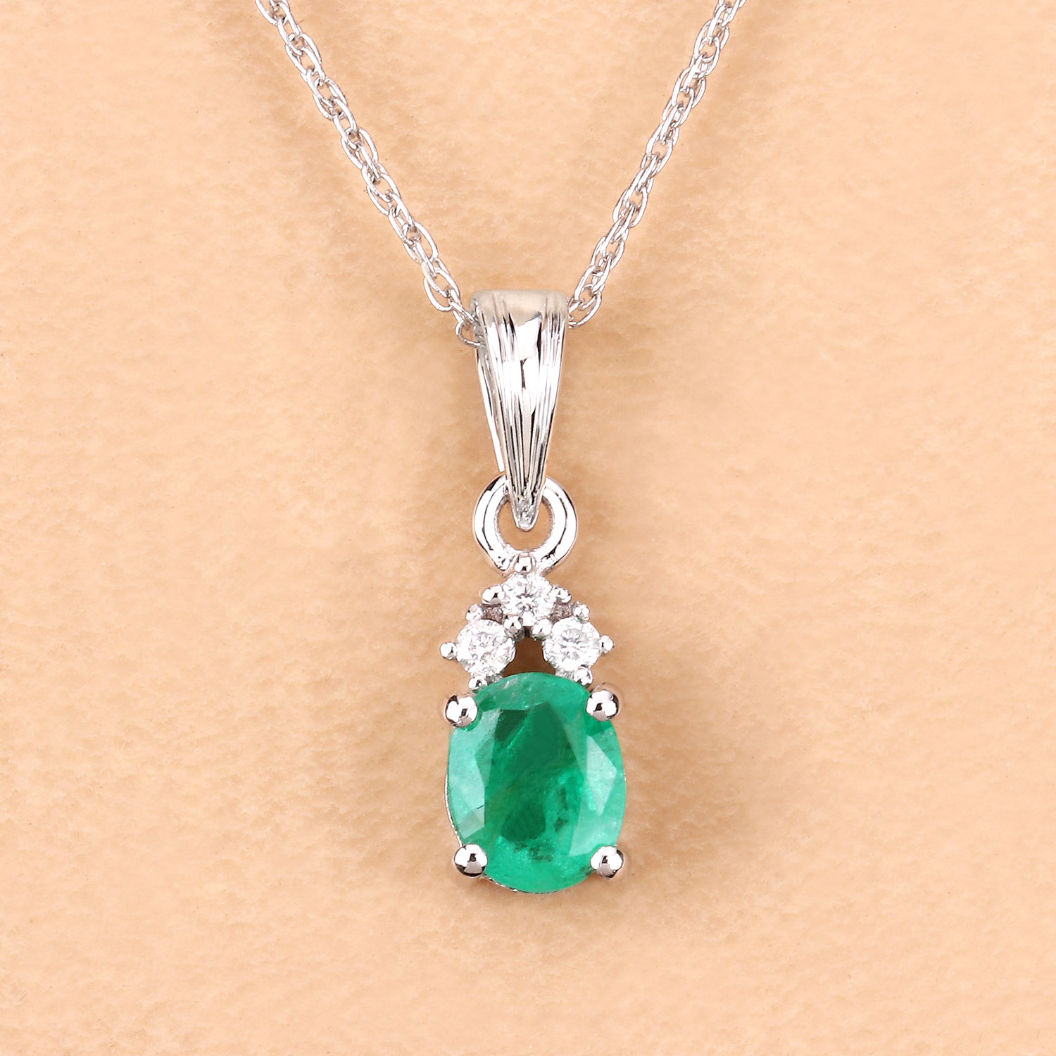 0.64 Carat Genuine Zambian Emerald and White Diamond 10K White Gold Pendant