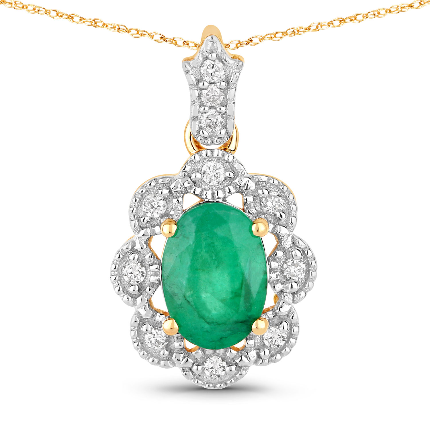 0.79 Carat Genuine Zambian Emerald and White Diamond 10K Yellow Gold Pendant