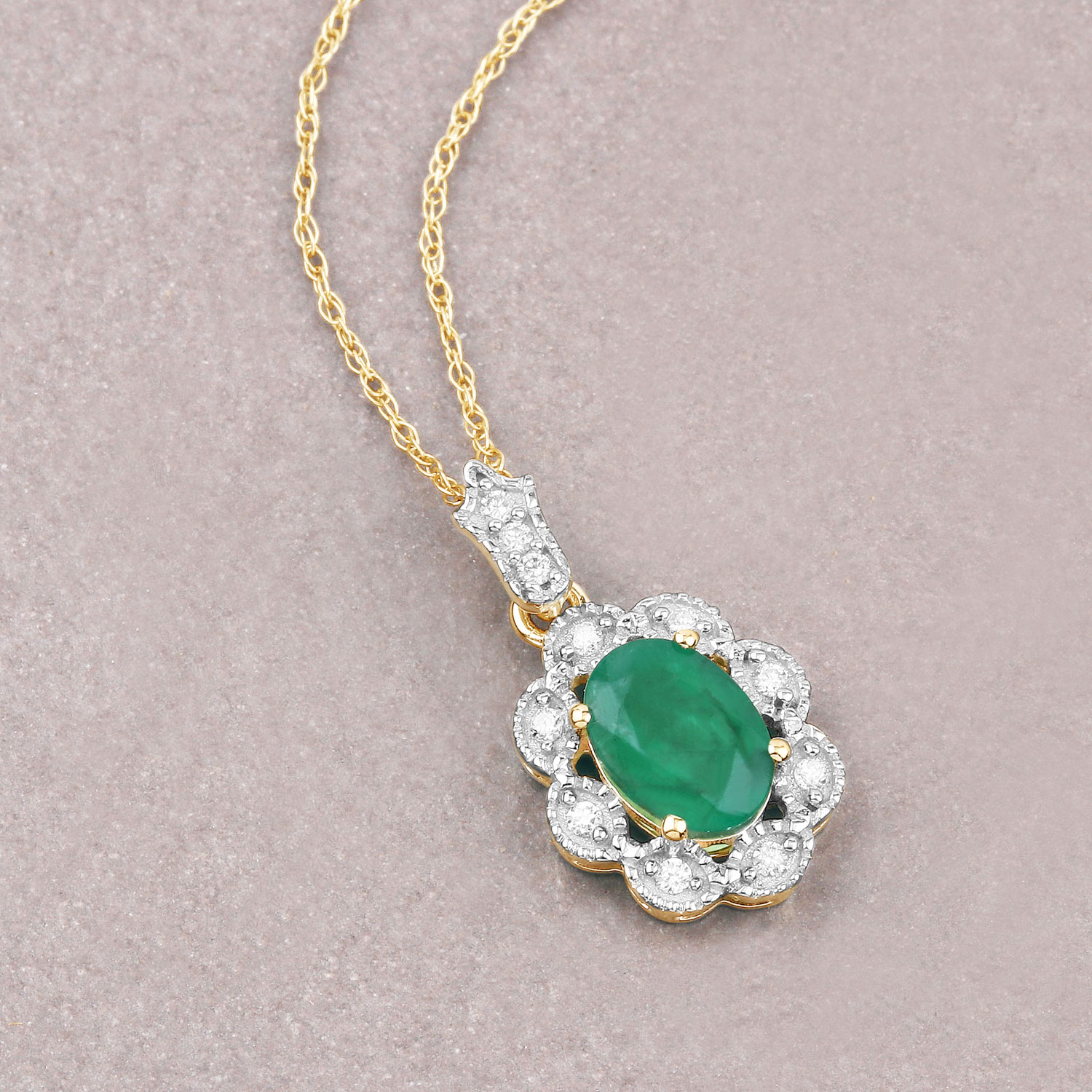 0.79 Carat Genuine Zambian Emerald and White Diamond 10K Yellow Gold Pendant