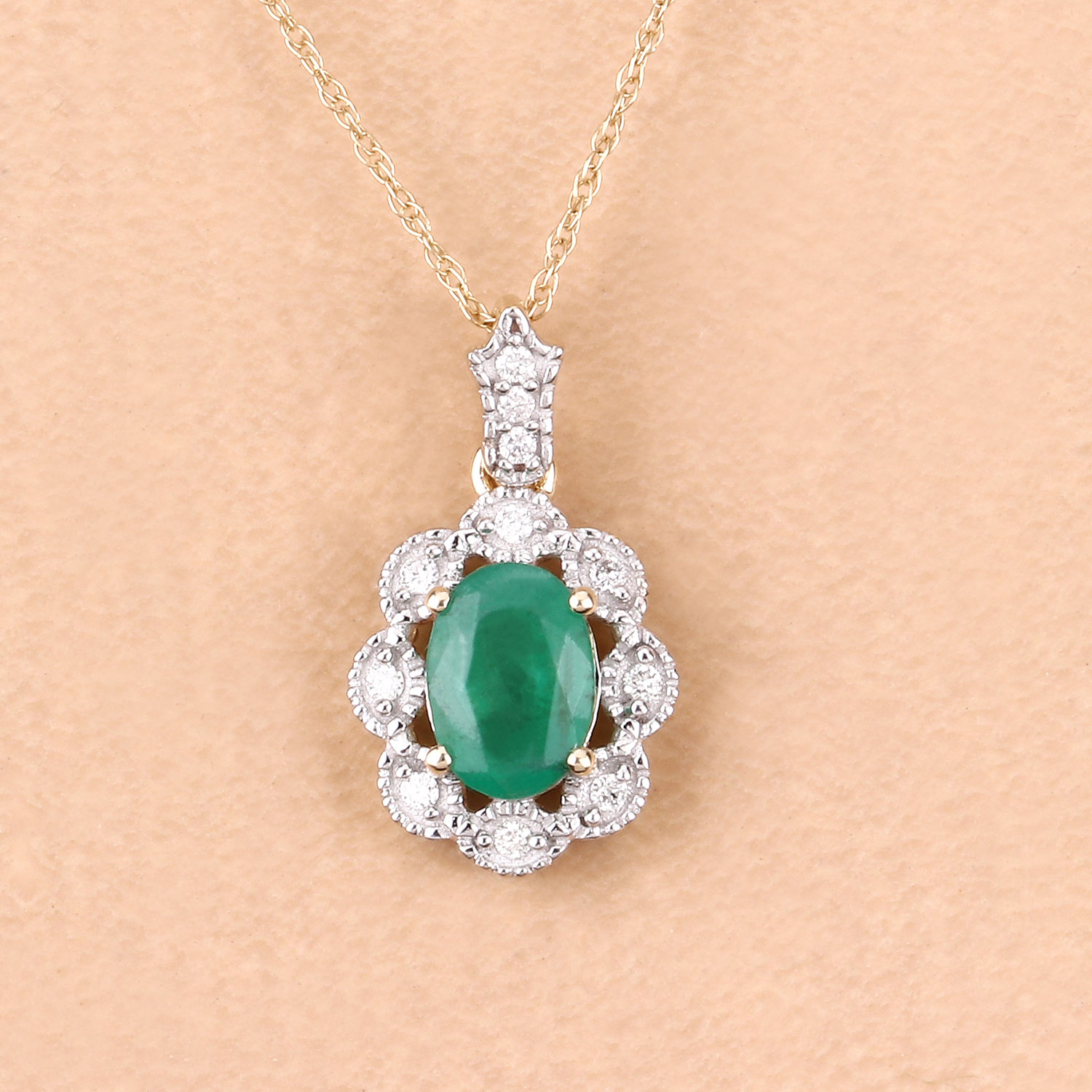 0.79 Carat Genuine Zambian Emerald and White Diamond 10K Yellow Gold Pendant