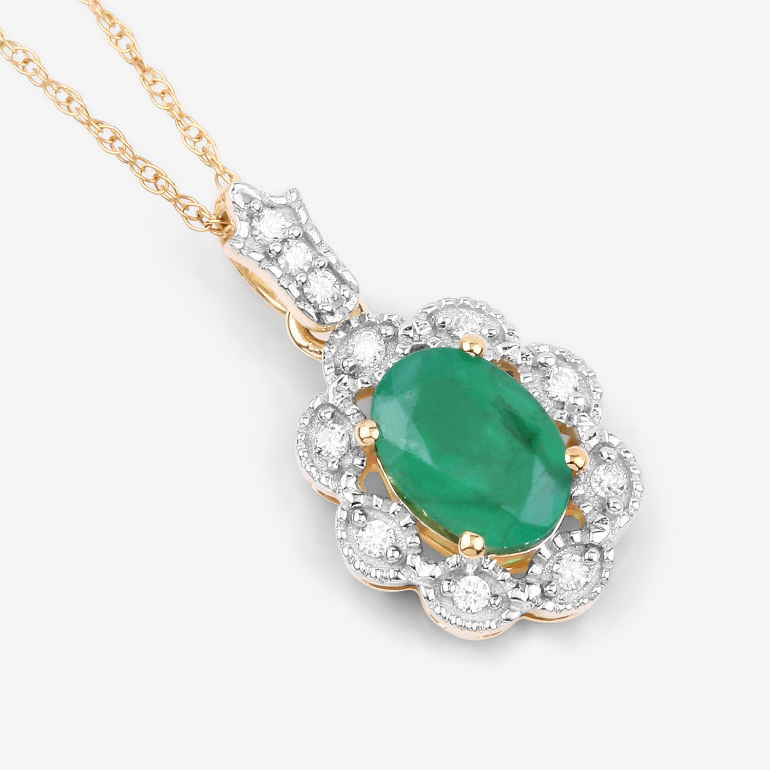 0.79 Carat Genuine Zambian Emerald and White Diamond 10K Yellow Gold Pendant