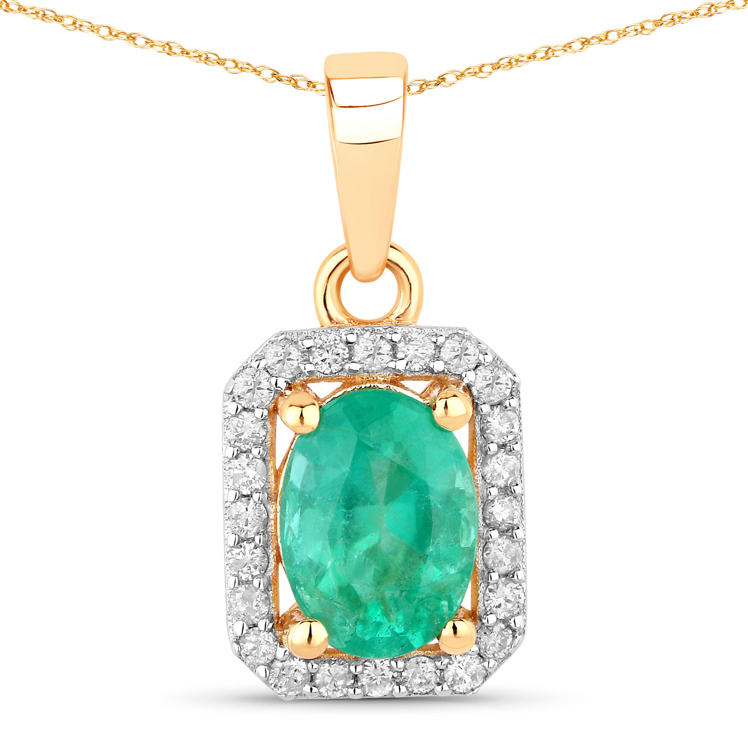 0.83 Carat Genuine Zambian Emerald and White Diamond 10K Yellow Gold Pendant