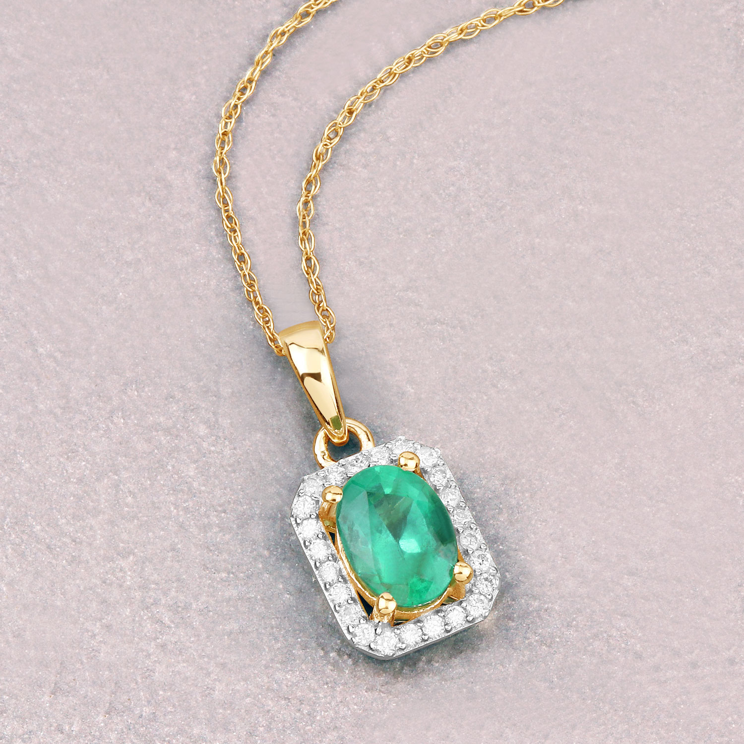 0.83 Carat Genuine Zambian Emerald and White Diamond 10K Yellow Gold Pendant
