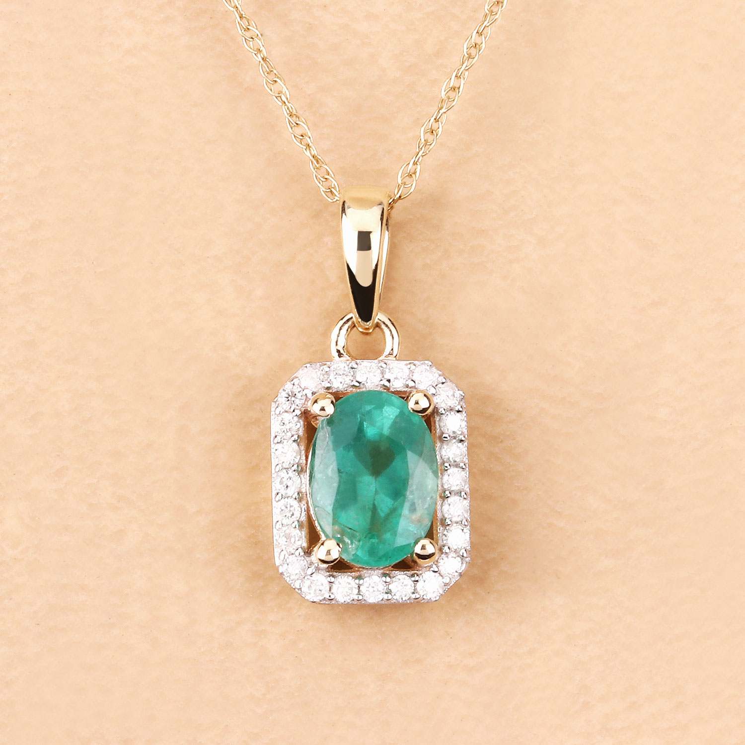 0.83 Carat Genuine Zambian Emerald and White Diamond 10K Yellow Gold Pendant