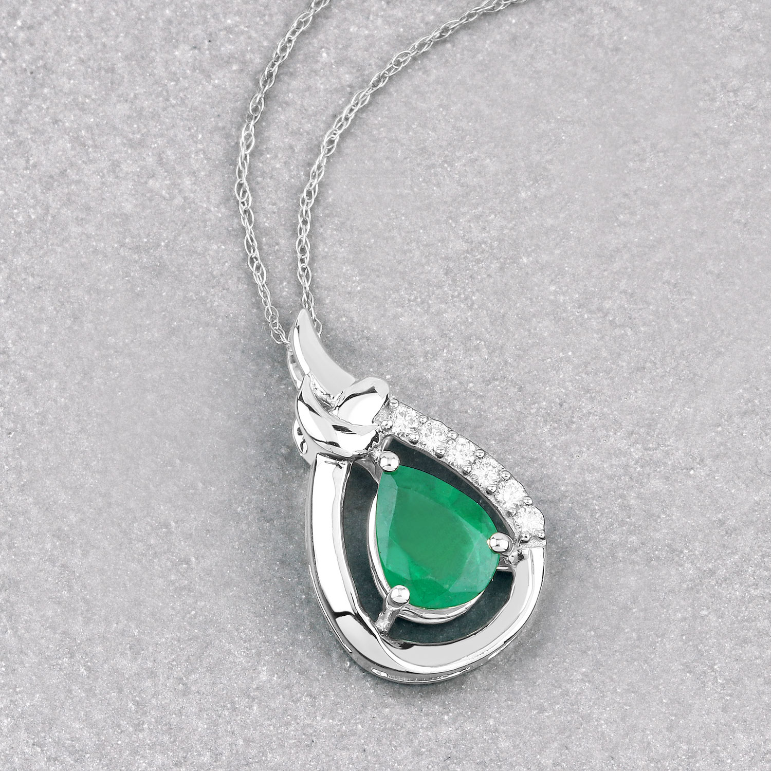 1.18 Carat Genuine Zambian Emerald and White Diamond 10K White Gold Pendant
