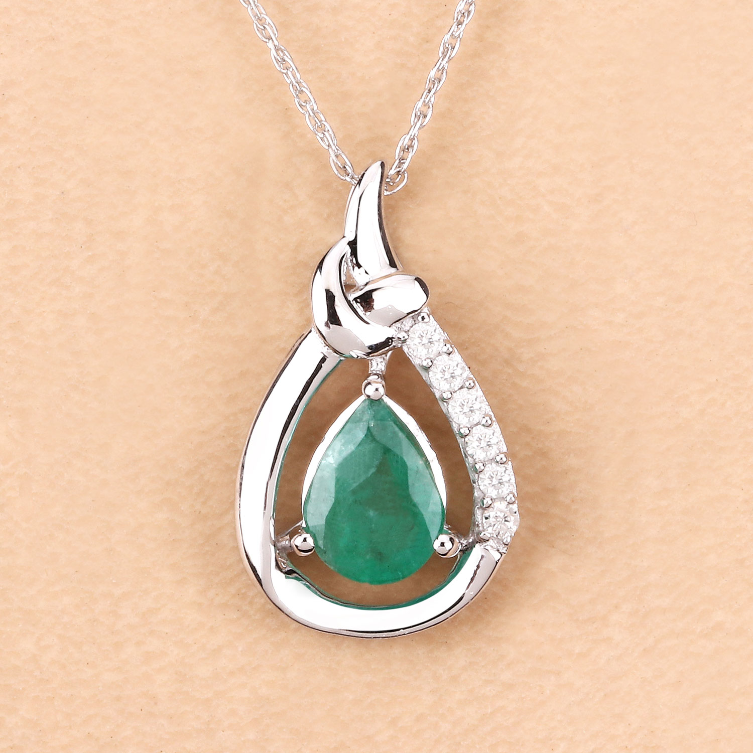 1.18 Carat Genuine Zambian Emerald and White Diamond 10K White Gold Pendant