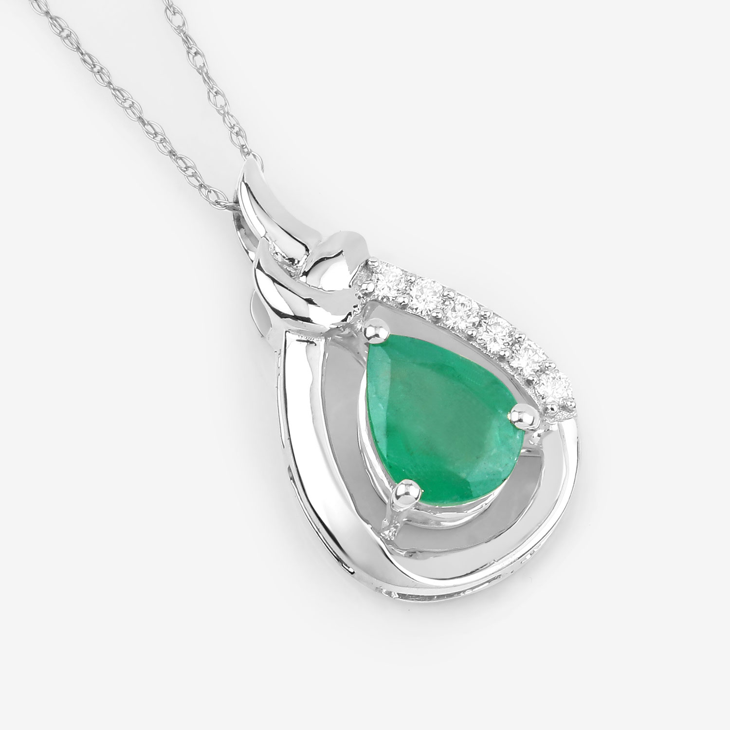 1.18 Carat Genuine Zambian Emerald and White Diamond 10K White Gold Pendant
