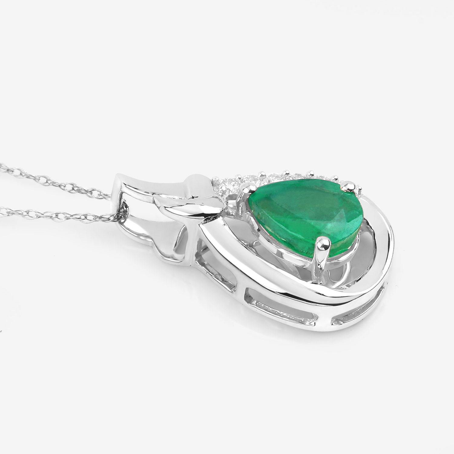1.18 Carat Genuine Zambian Emerald and White Diamond 10K White Gold Pendant