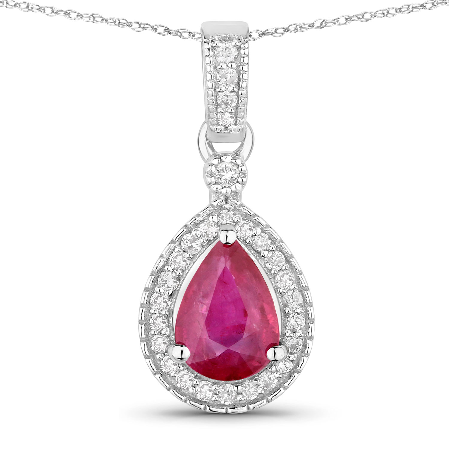 1.01 Carat Genuine Ruby and White Diamond 14K White Gold Pendant
