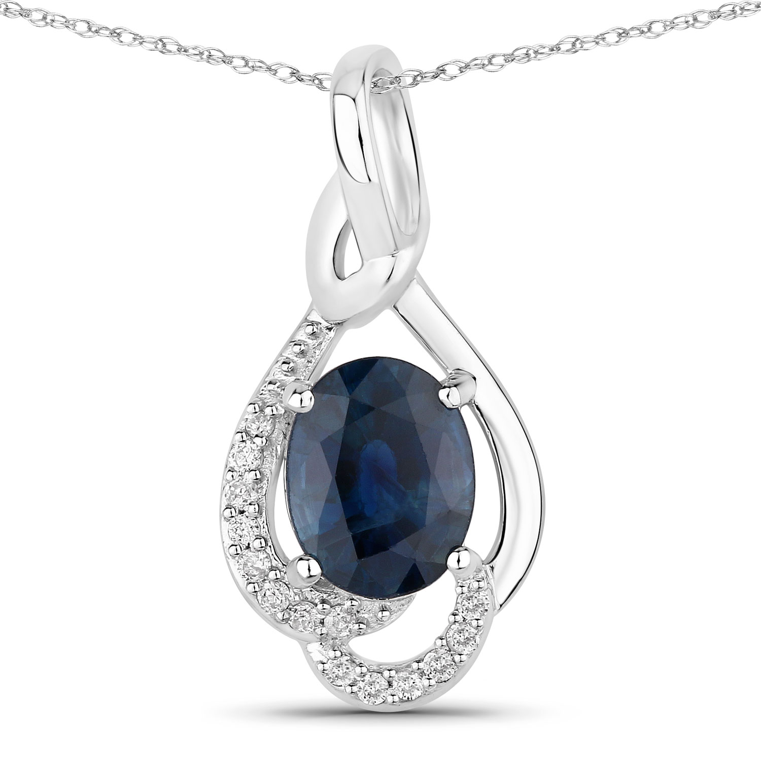 1.46 Carat Genuine Blue Sapphire and White Diamond 14K White Gold Pendant