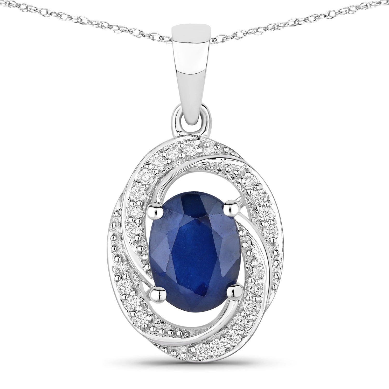 1.71 Carat Genuine Blue Sapphire and White Diamond 14K White Gold Pendant