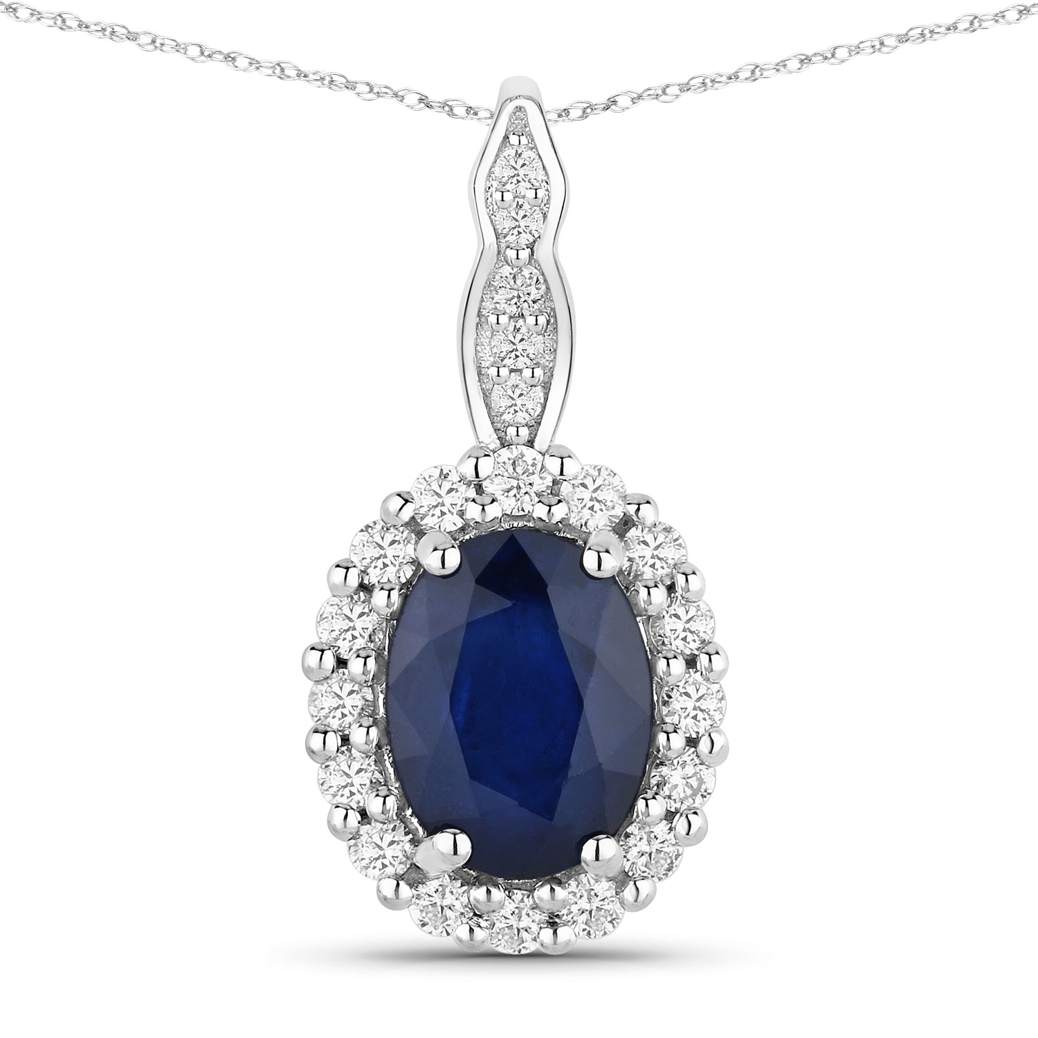 1.79 Carat Genuine Blue Sapphire and White Diamond 14K White Gold Pendant