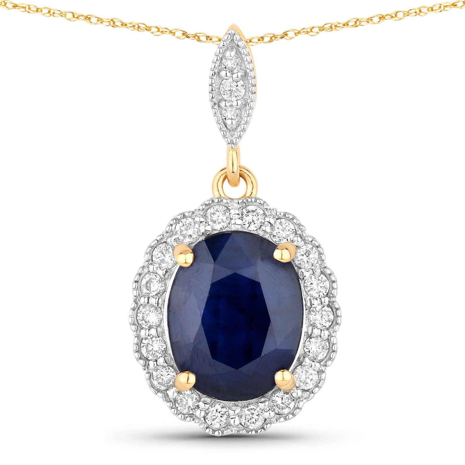 3.38 Carat Genuine Blue Sapphire and White Diamond 14K Yellow Gold Pendant