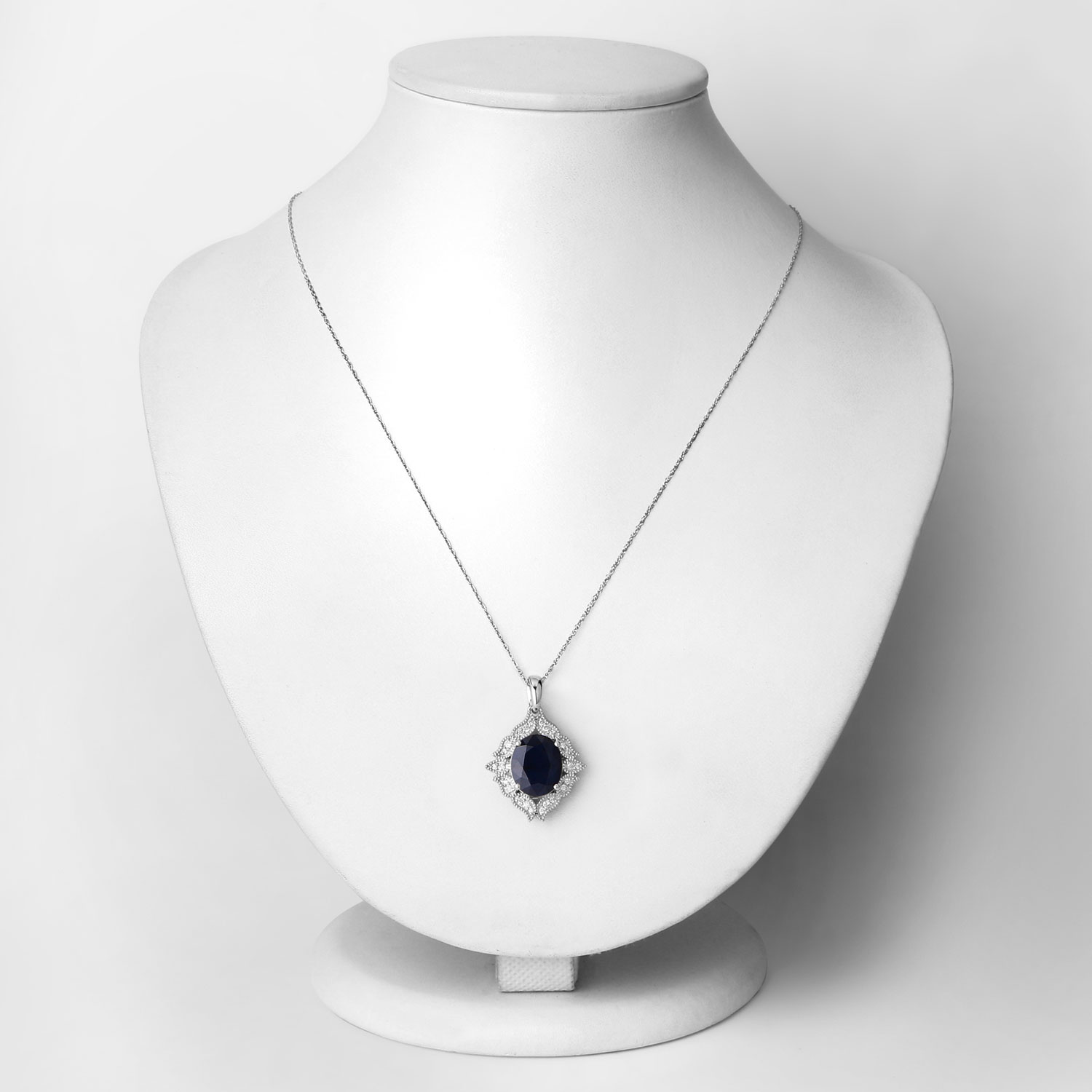 6.44 Carat Genuine Blue Sapphire and White Diamond 14K White Gold Pendant
