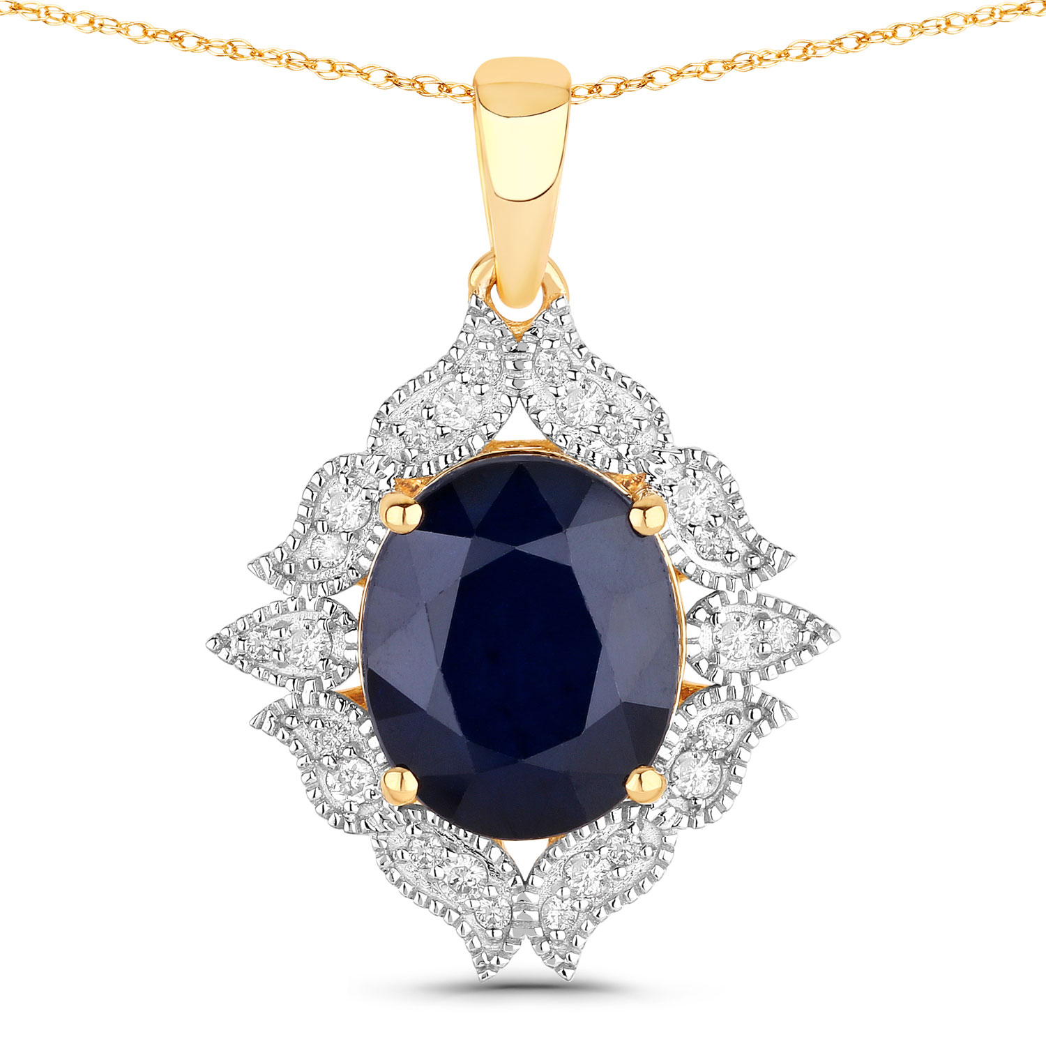 6.44 Carat Genuine Blue Sapphire and White Diamond 14K Yellow Gold Pendant