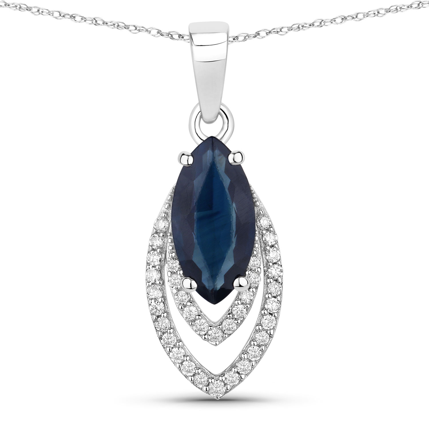 1.42 Carat Genuine Blue Sapphire and White Diamond 14K White Gold Pendant