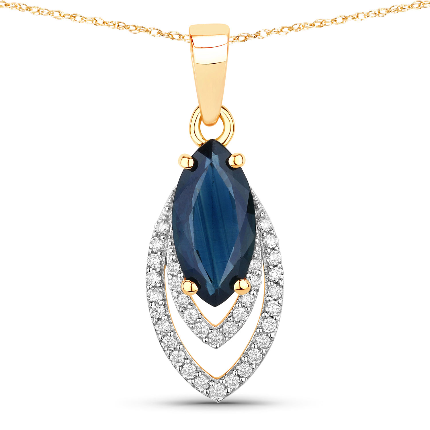 1.42 Carat Genuine Blue Sapphire and White Diamond 14K Yellow Gold Pendant