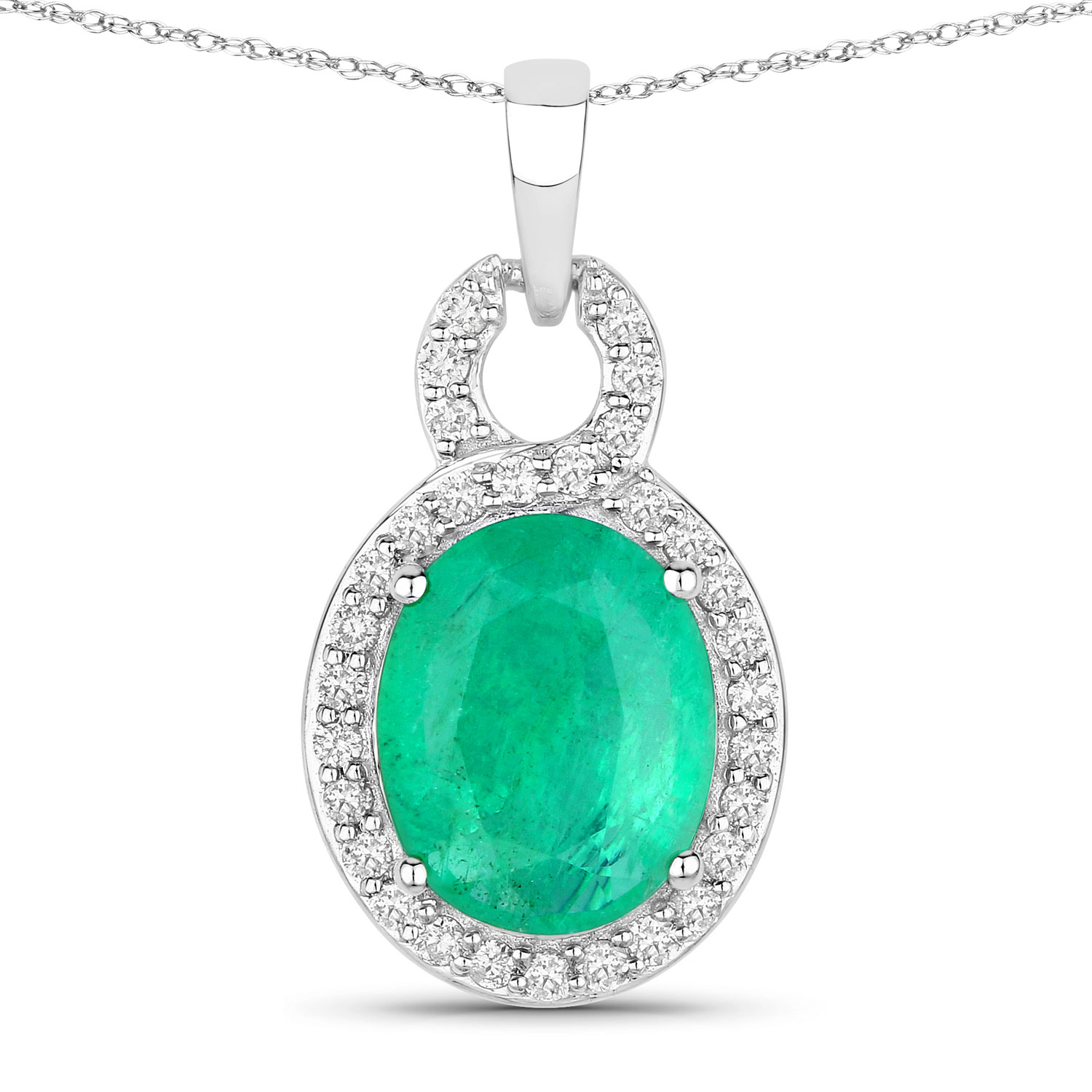 2.35 Carat Genuine Zambian Emerald and White Diamond 14K White Gold Pendant
