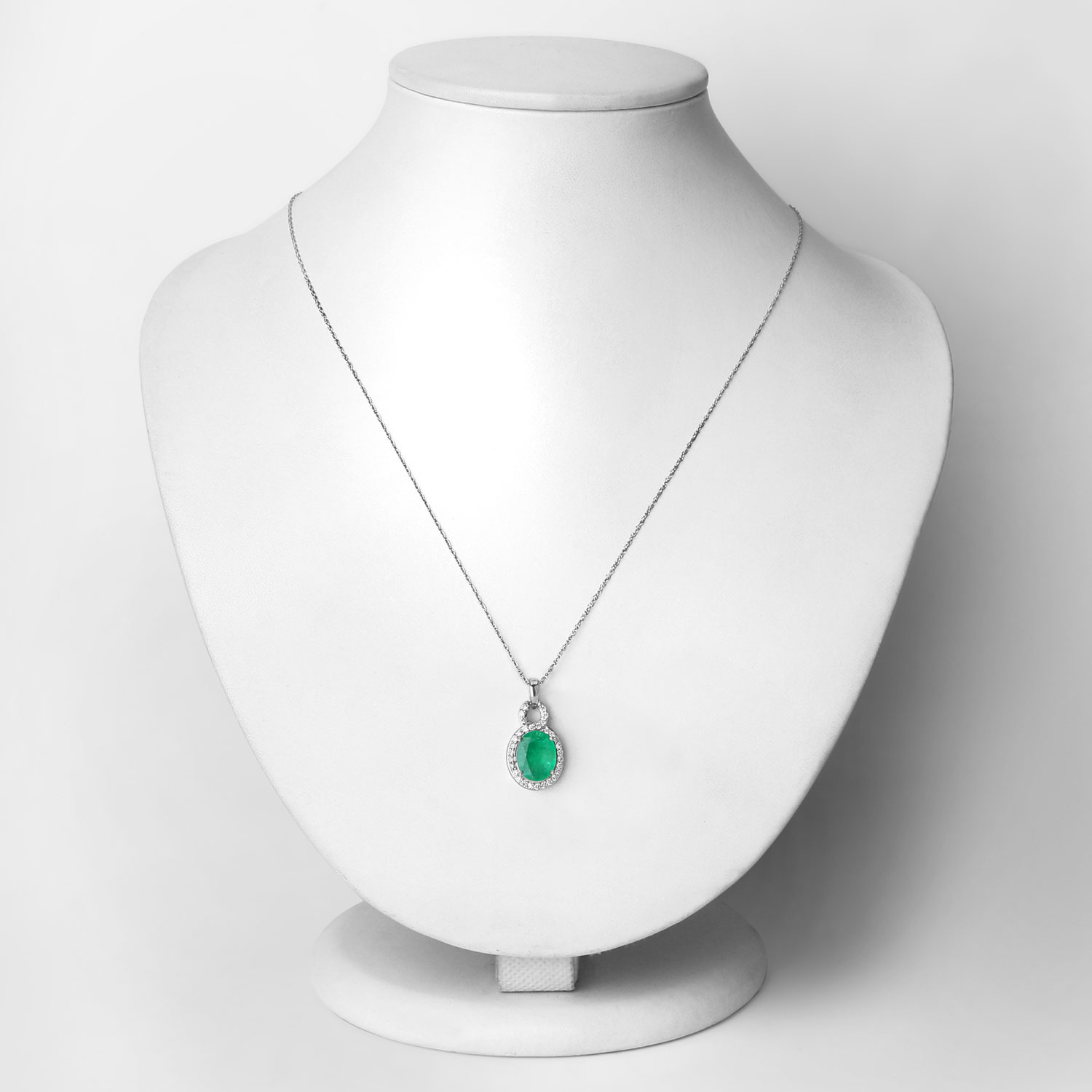 2.35 Carat Genuine Zambian Emerald and White Diamond 14K White Gold Pendant