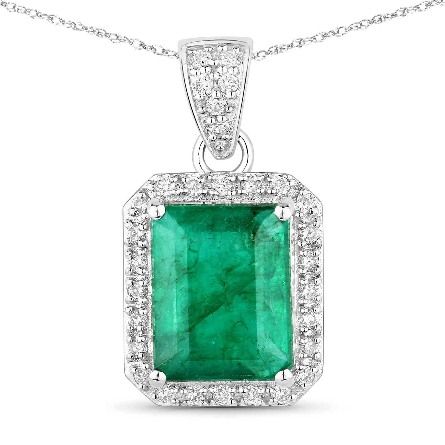 3.16 Carat Genuine Zambian Emerald and White Diamond 14K White Gold Pendant