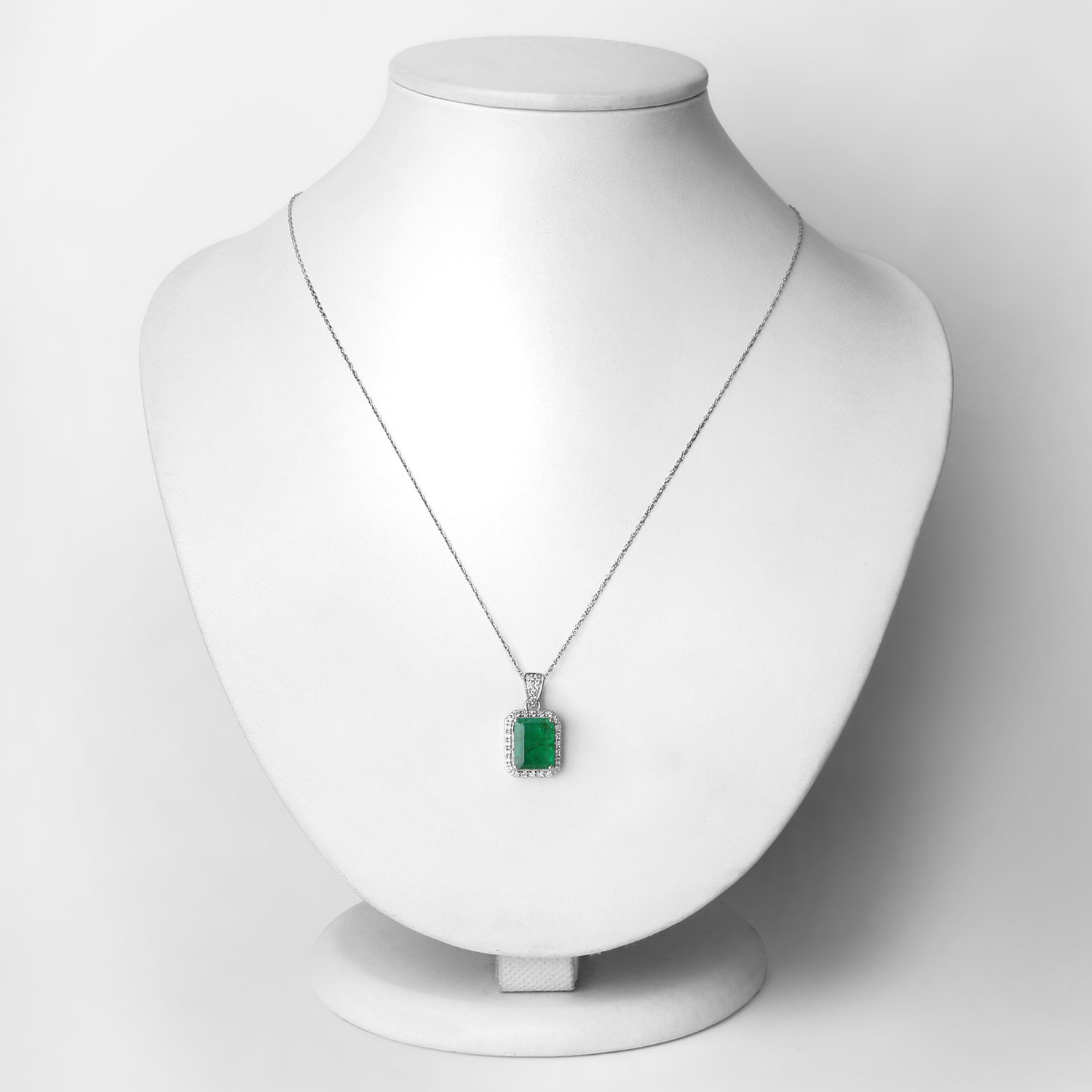 3.16 Carat Genuine Zambian Emerald and White Diamond 14K White Gold Pendant