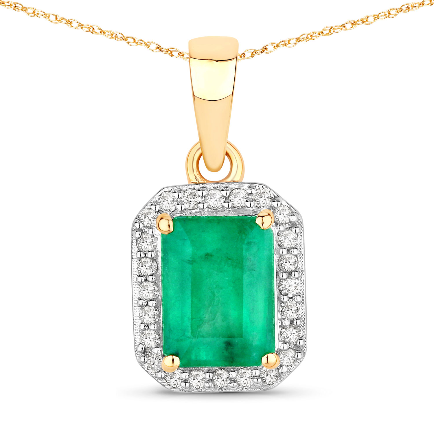 1.80 Carat Genuine Zambian Emerald and White Diamond 14K Yellow Gold Pendant