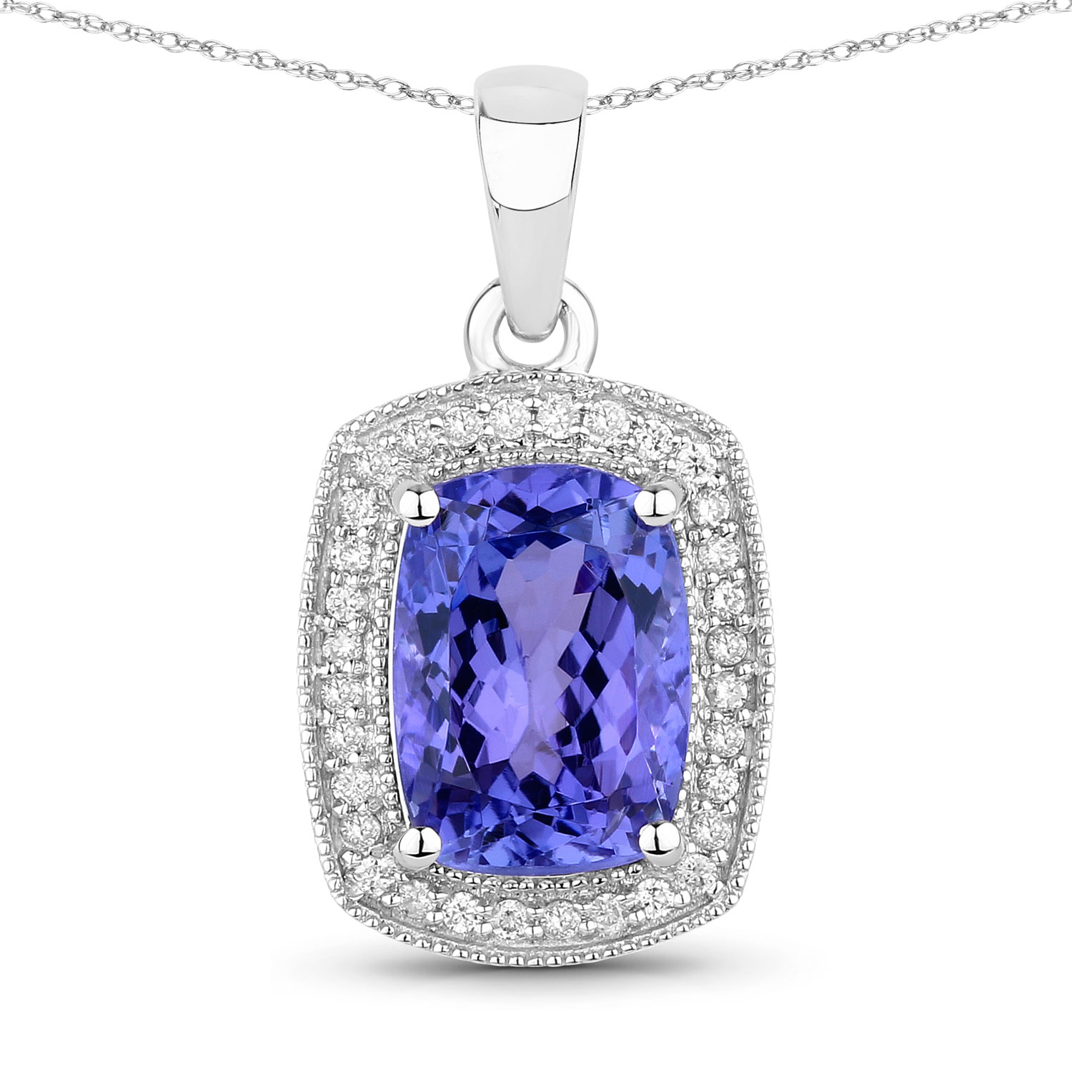 3.01 Carat Genuine Tanzanite and White Diamond 14K White Gold Pendant