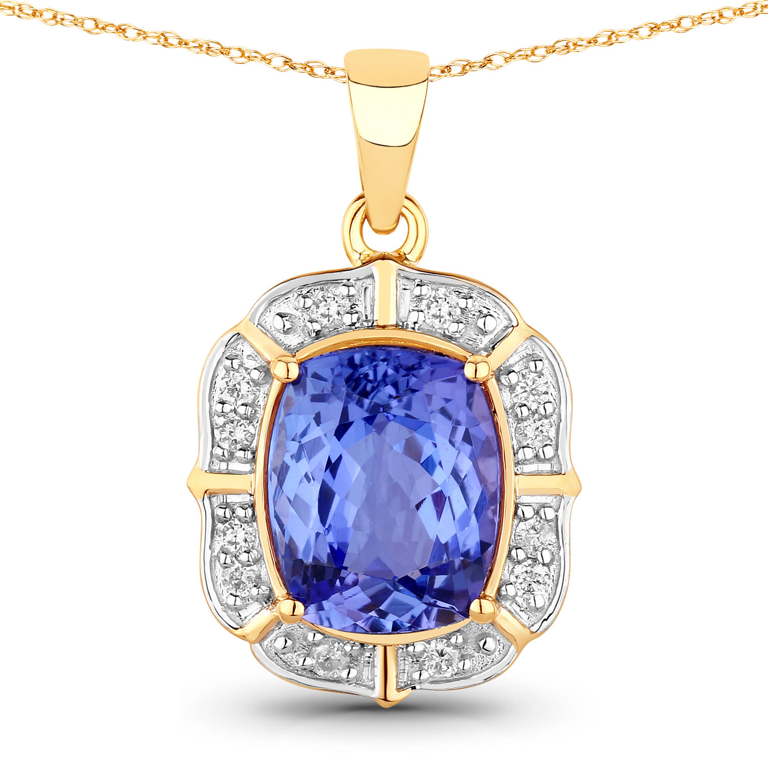 3.07 Carat Genuine Tanzanite and White Diamond 14K Yellow Gold Pendant