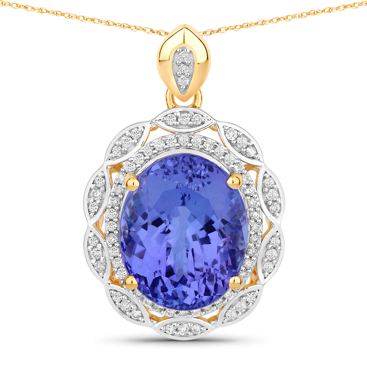 5.98 Carat Genuine Tanzanite and White Diamond 14K Yellow Gold Pendant