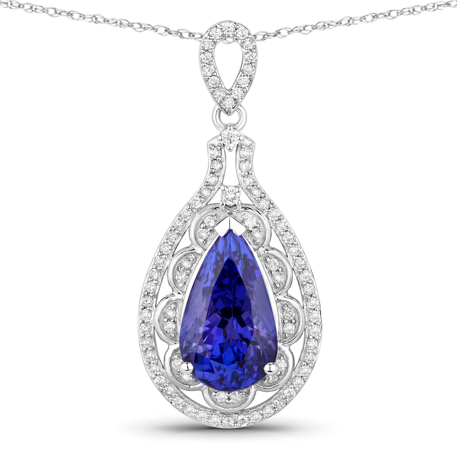 6.71 Carat Genuine Tanzanite and White Diamond 14K White Gold Pendant