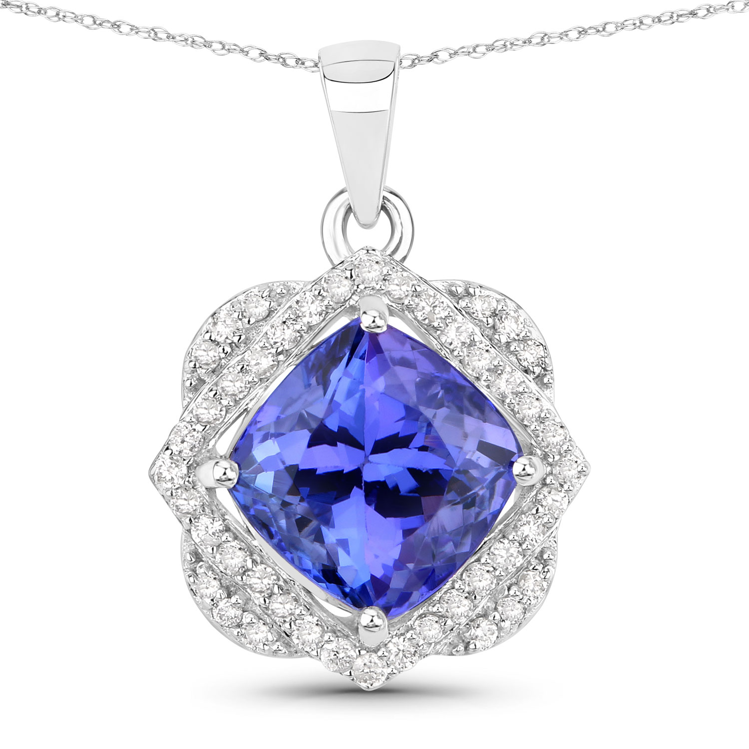 3.14 Carat Genuine Tanzanite and White Diamond 14K White Gold Pendant