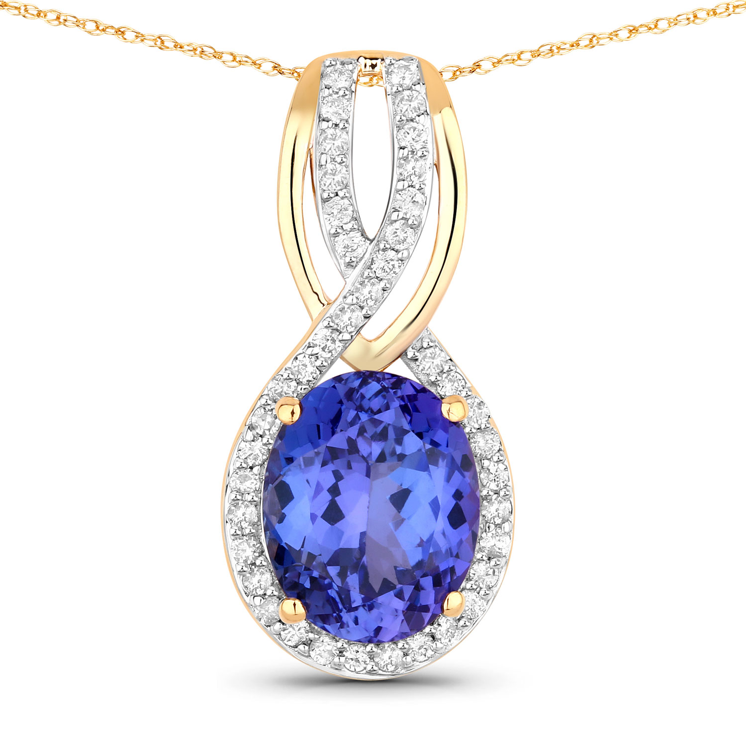 2.74 Carat Genuine Tanzanite and White Diamond 14K Yellow Gold Pendant