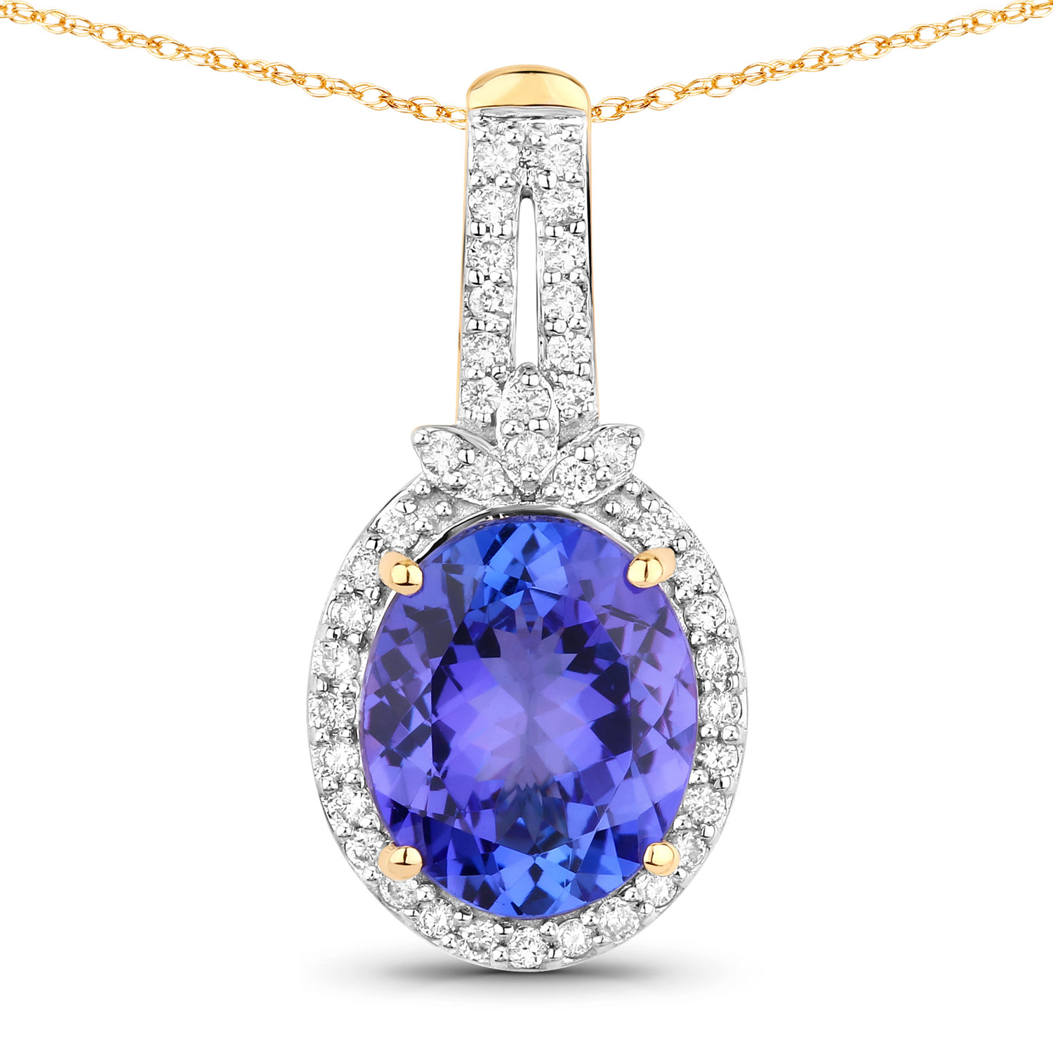 3.74 Carat Genuine Tanzanite and White Diamond 14K Yellow Gold Pendant
