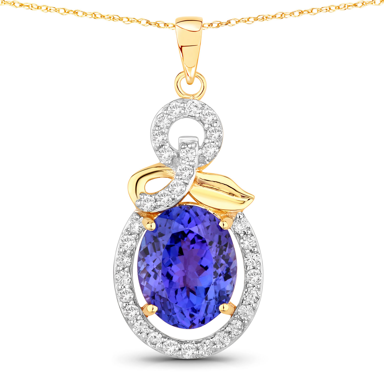 3.91 Carat Genuine Tanzanite and White Diamond 14K Yellow Gold Pendant