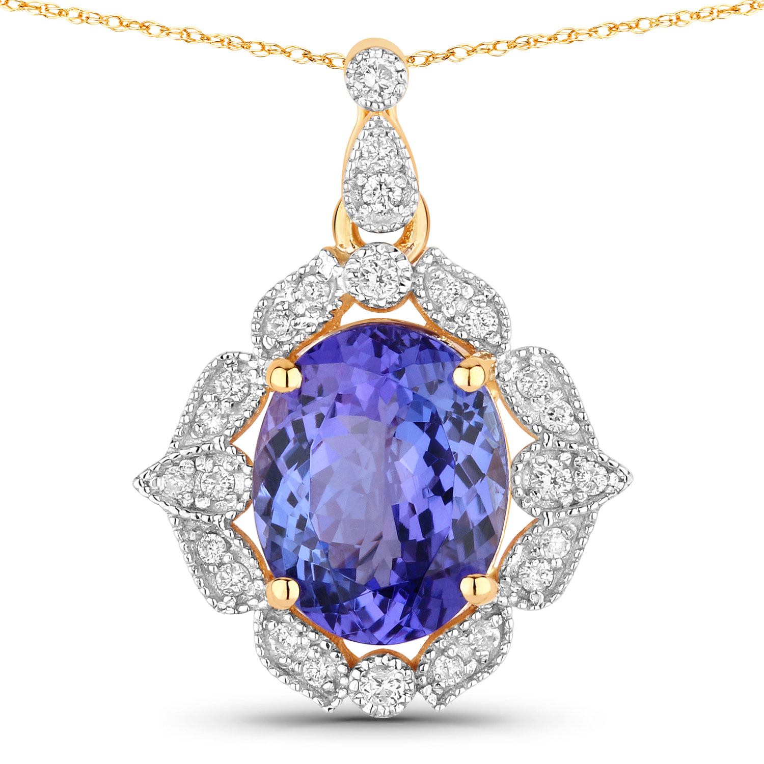 3.18 Carat Genuine Tanzanite and White Diamond 14K Yellow Gold Pendant