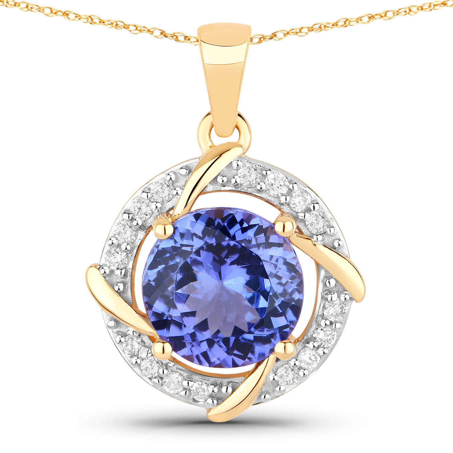 3.09 Carat Genuine Tanzanite and White Diamond 14K Yellow Gold Pendant