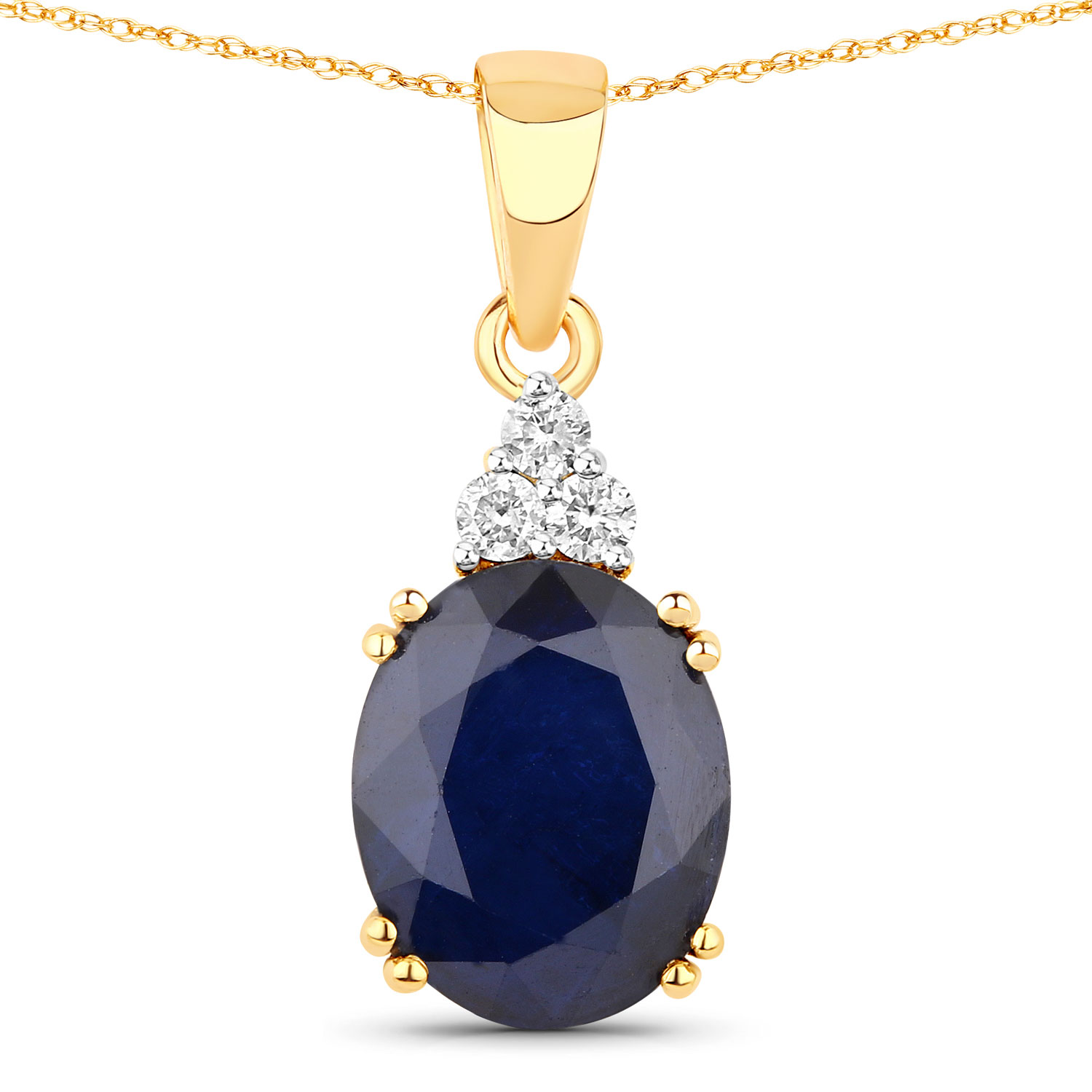 4.41 Carat Genuine Blue Sapphire and White Diamond 14K Yellow Gold Pendant
