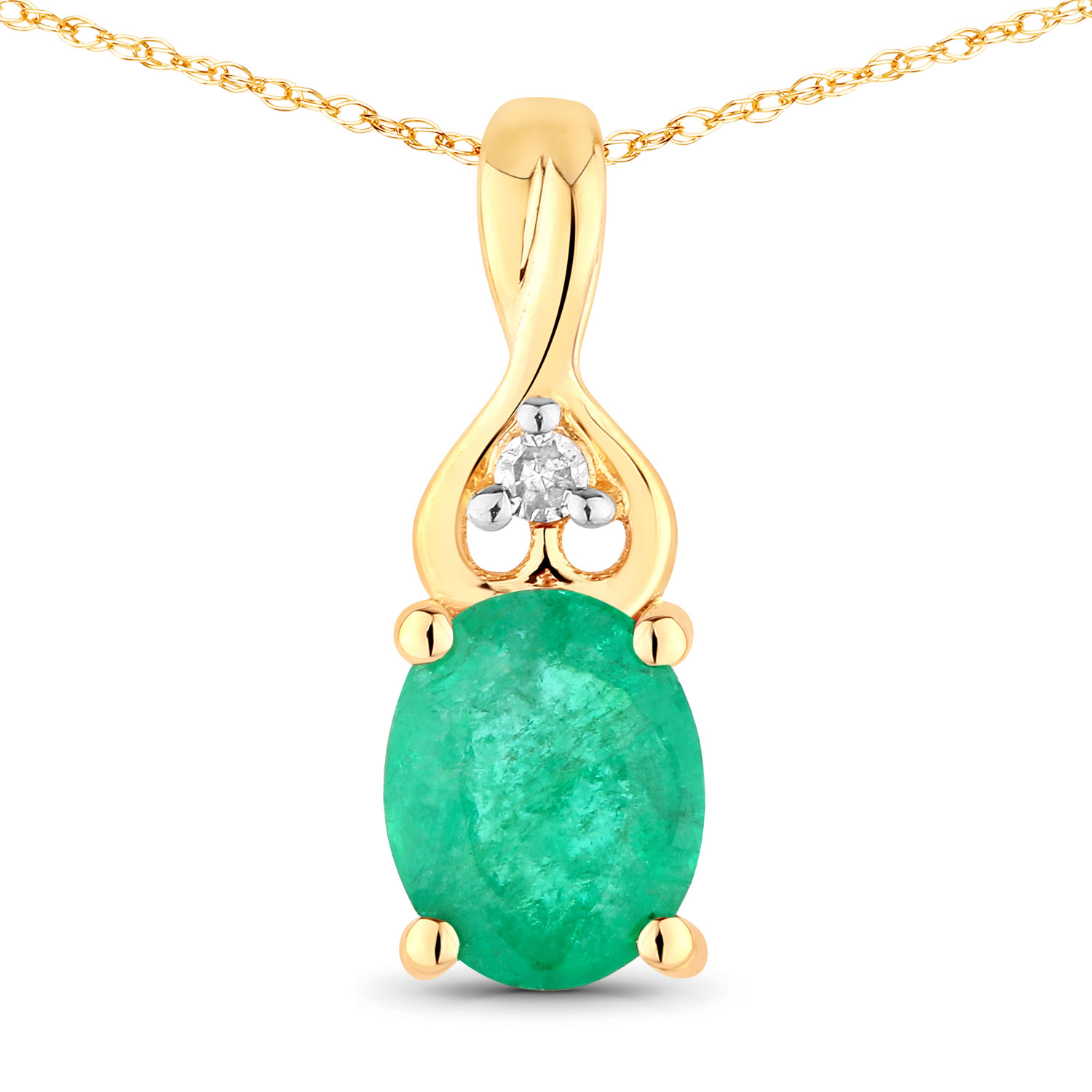 0.31 Carat Genuine Zambian Emerald and White Diamond 14K Yellow Gold Pendant