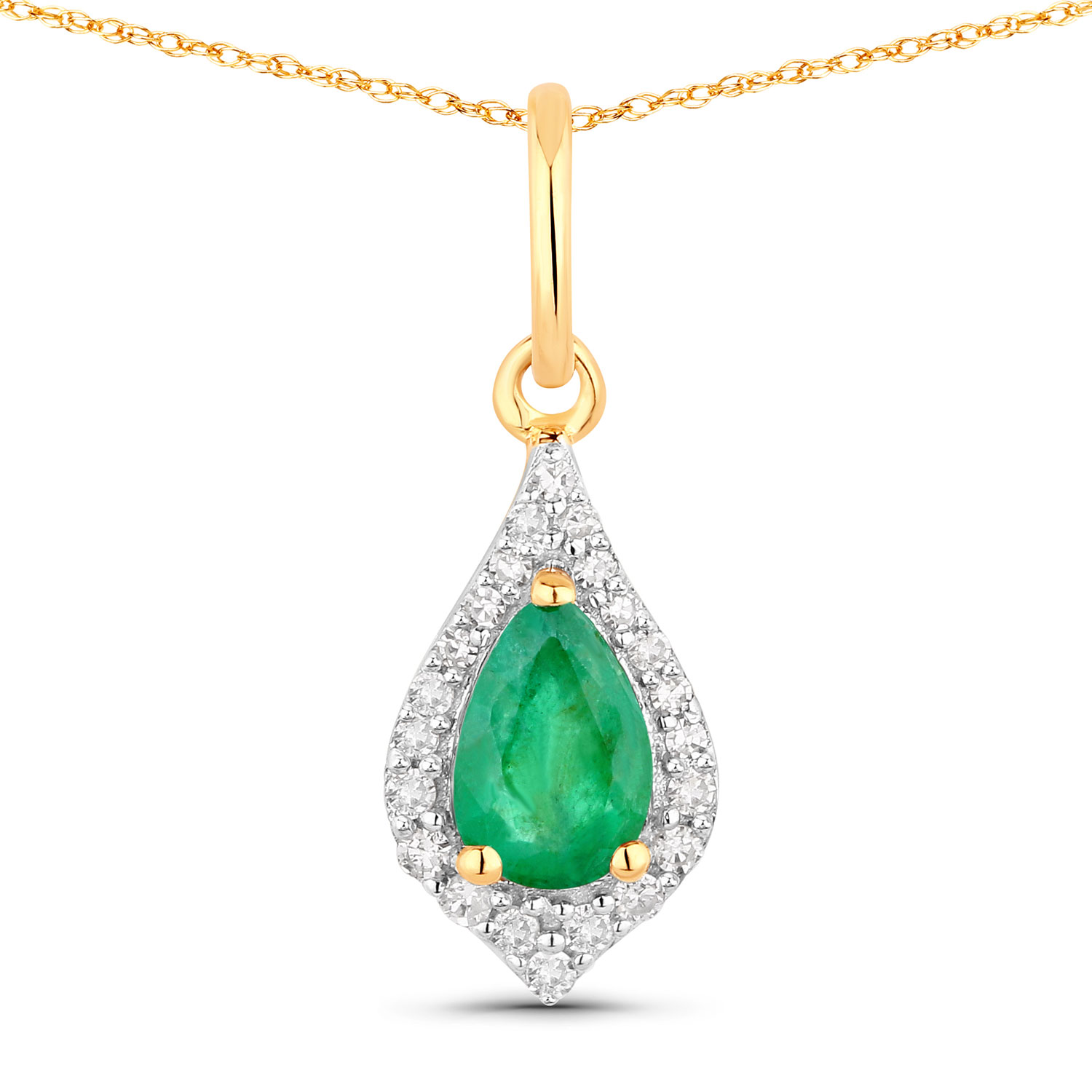 0.43 Carat Genuine Zambian Emerald and White Diamond 14K Yellow Gold Pendant