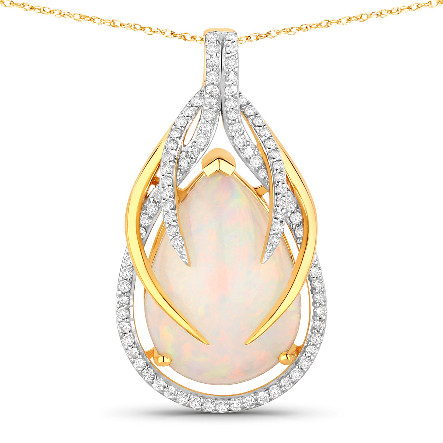 14K Yellow Gold 18in Chain Pendant 7.5 Opal Pear Cut White Diamond 0.42ct (Vault_Q)