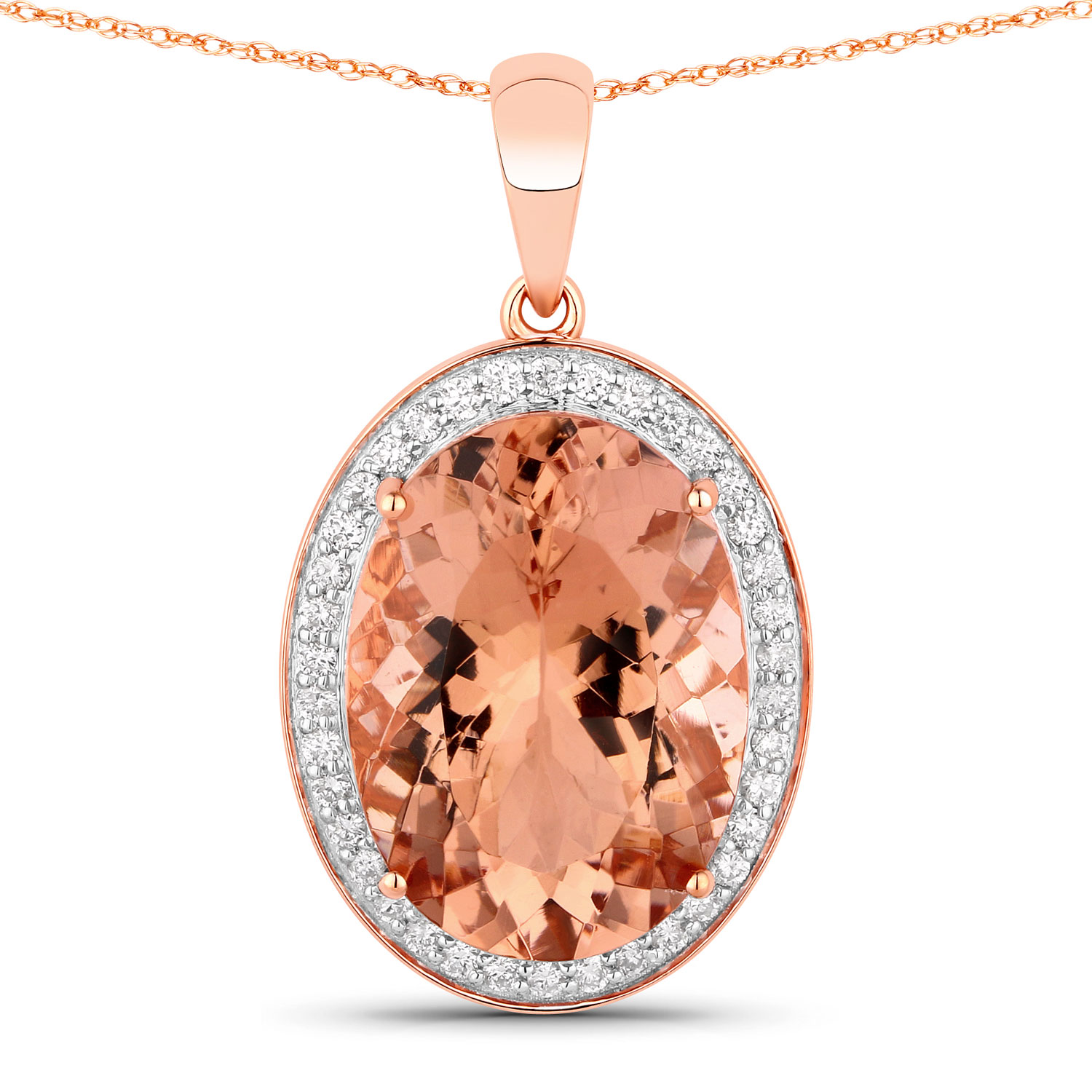 14K Rose Gold 18in Chain Pendant 12 Morganite Oval Cut White Diamond 0.38ct (Vault_Q)