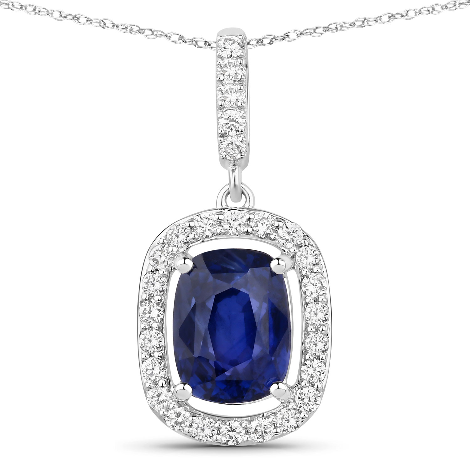 3.34 Carat Genuine Ceylon Blue Sapphire and White Diamond 18K White Gold Pendant