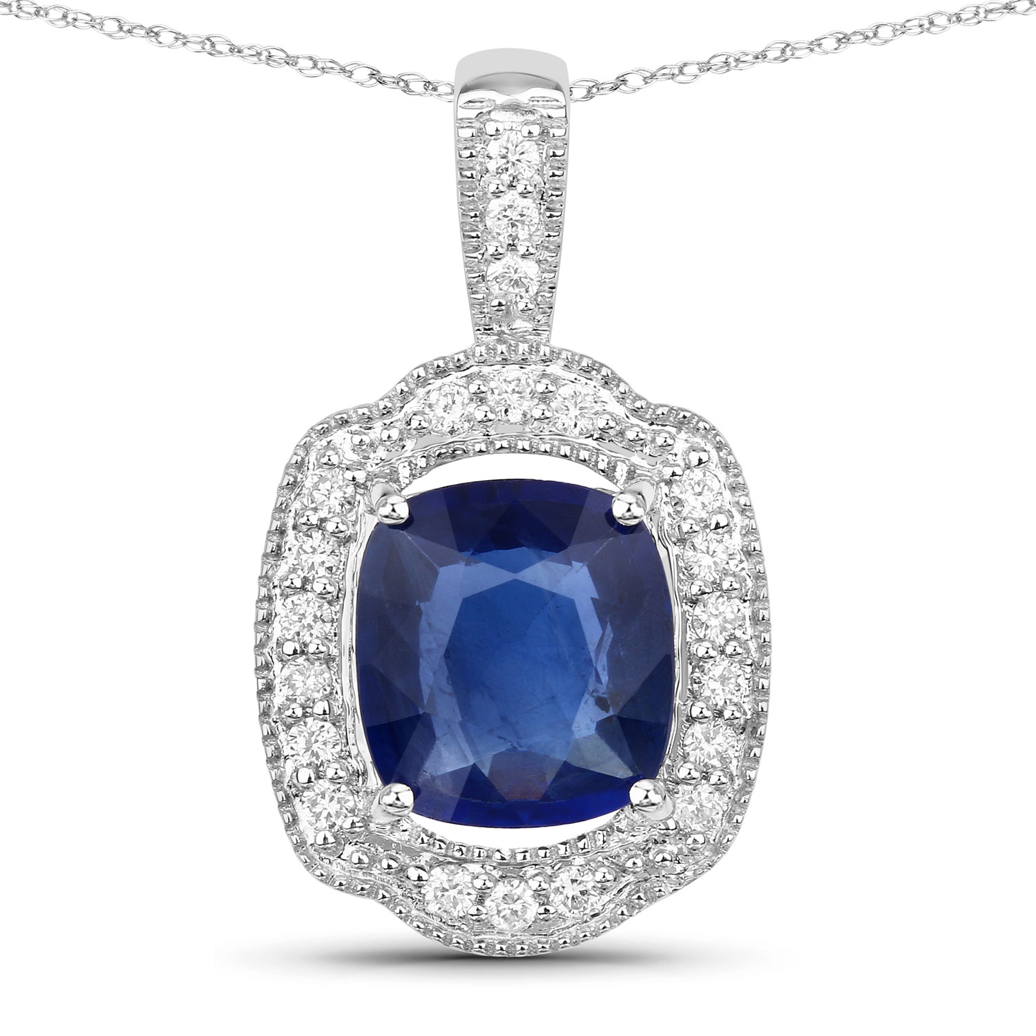 2.53 Carat Genuine Ceylon Blue Sapphire and White Diamond 18K White Gold Pendant