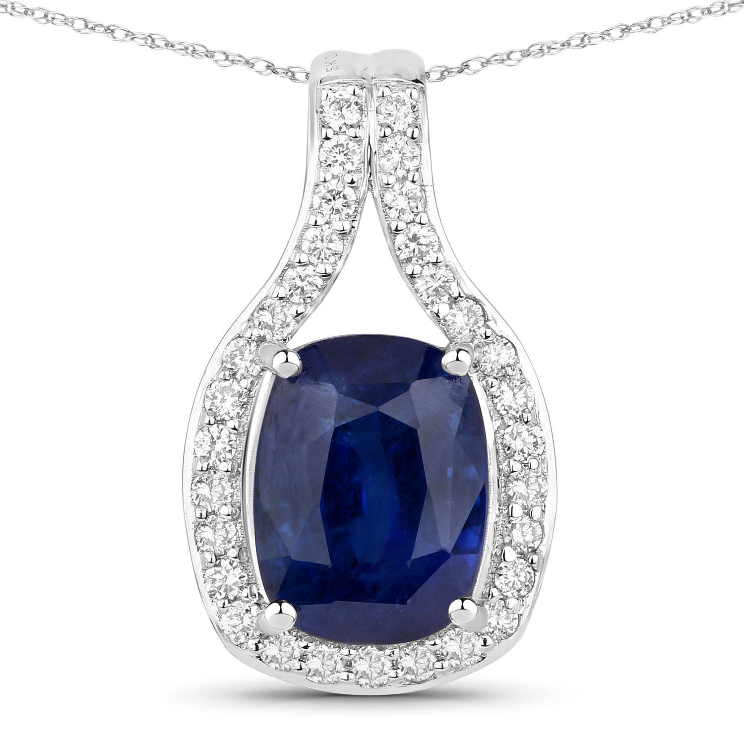 18K White Gold No Chain Pendant 3.53 Sapphire Cushion Cut White Diamond 0.31ct (Vault_Q)