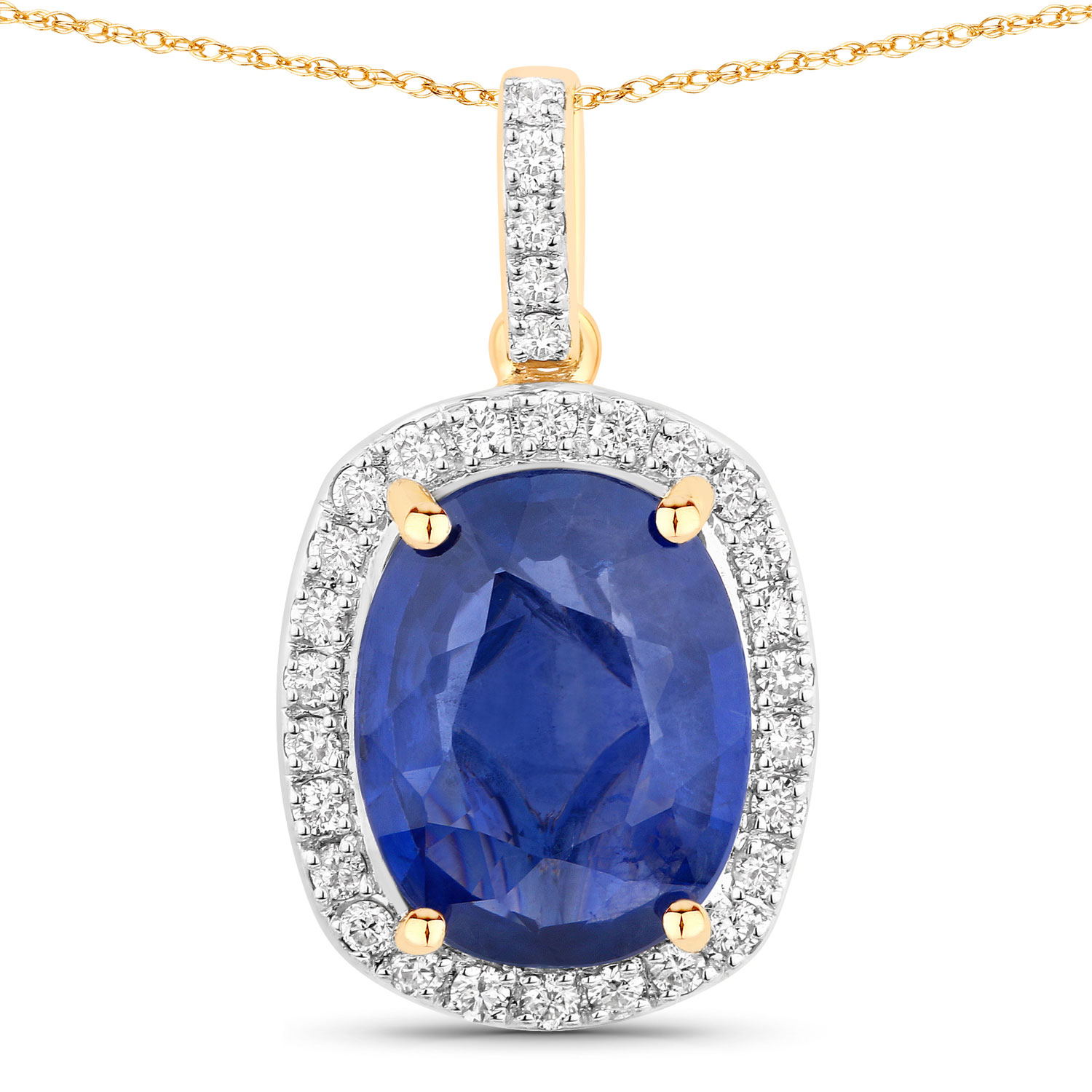 4.02 Carat Genuine Ceylon Blue Sapphire and White Diamond 18K Yellow Gold Pendant