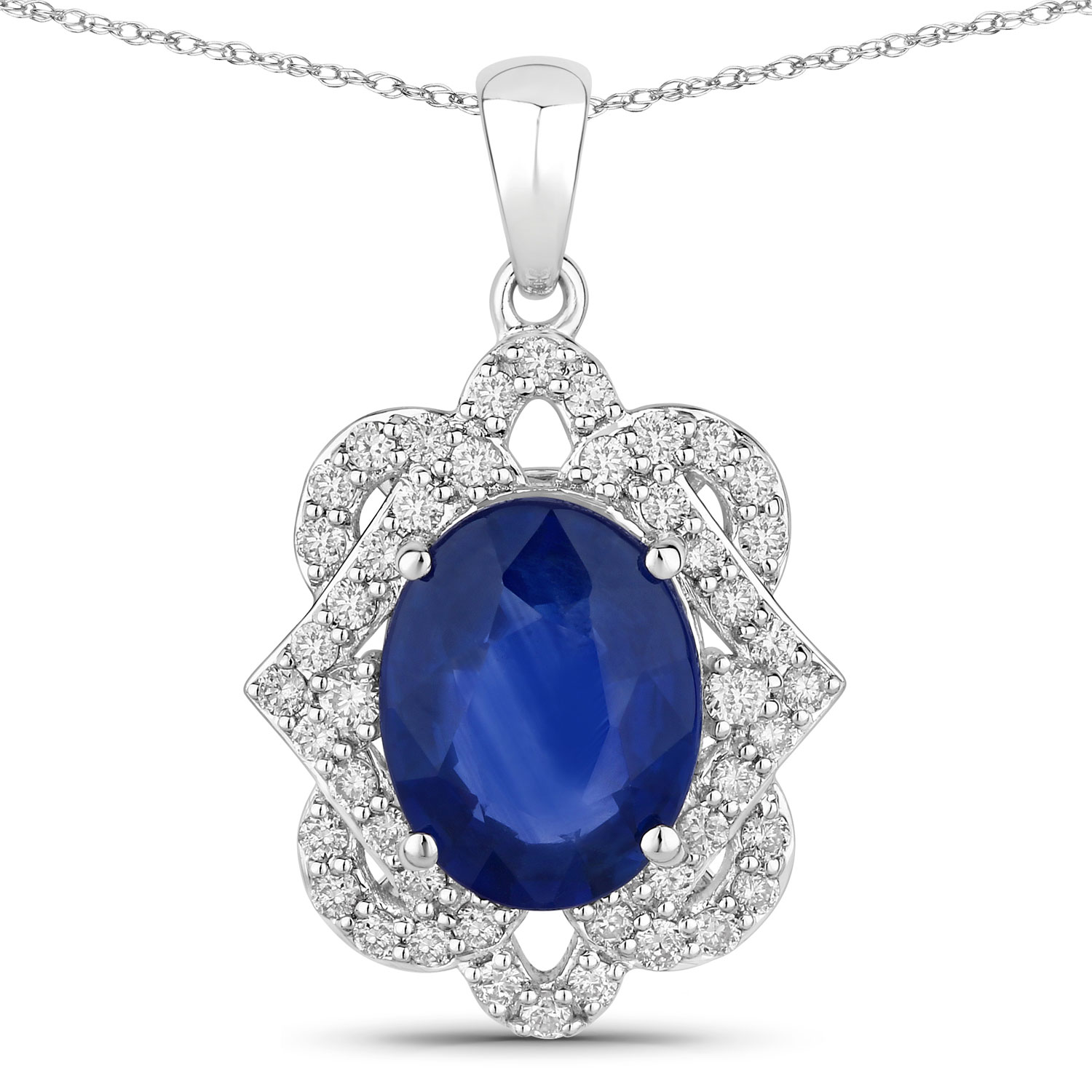 18K White Gold No Chain Pendant 2.78 Sapphire Oval Cut White Diamond 0.38ct (Vault_Q)